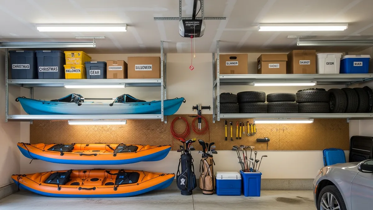 Overhead garage storage solutions utilizing ceiling space for seasonal storage