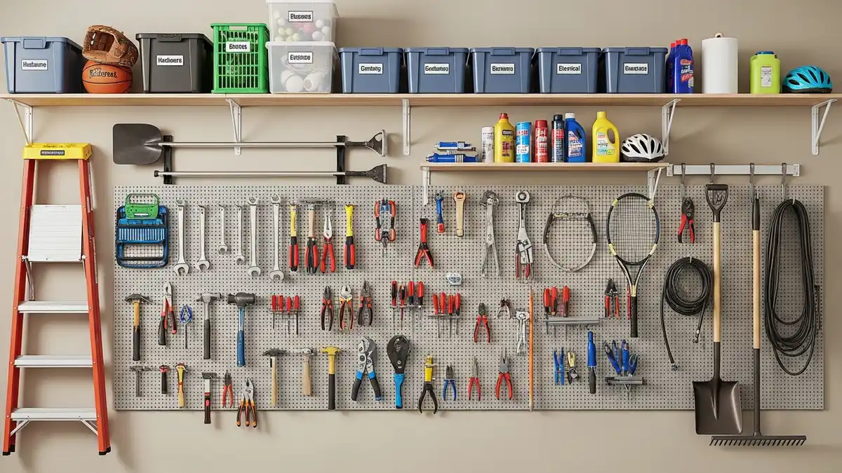 Wall-mounted storage solutions for the garage showing pegboards and shelving systems