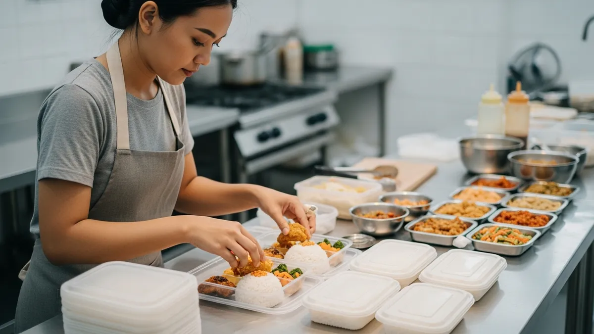 Pemilik bisnis kuliner sedang mengemas makanan dalam wadah untuk jualan