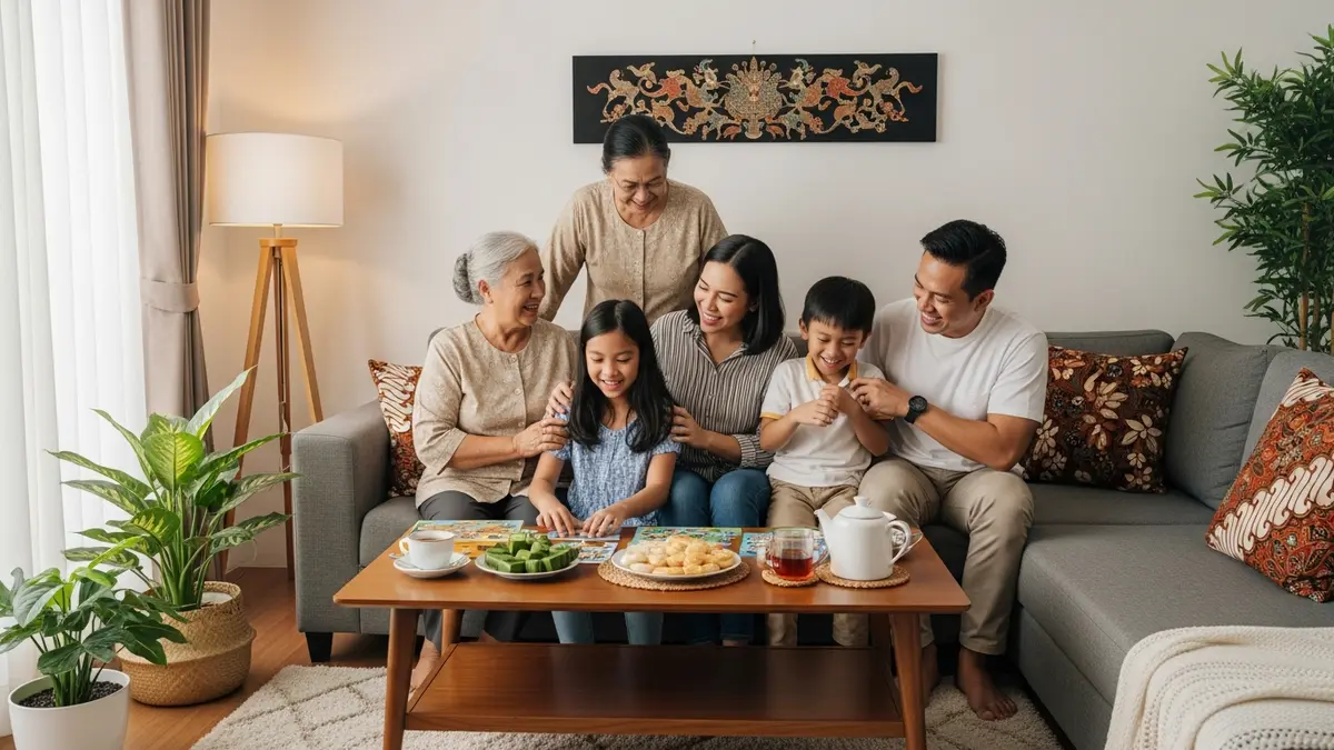 Keluarga Indonesia menikmati waktu berkualitas bersama di rumah yang tertata