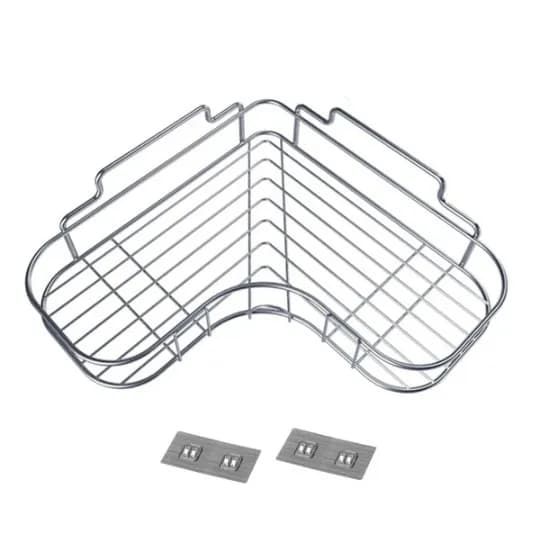 Silver stainless steel corner shelf with two adhesive mounting plates, on a white background