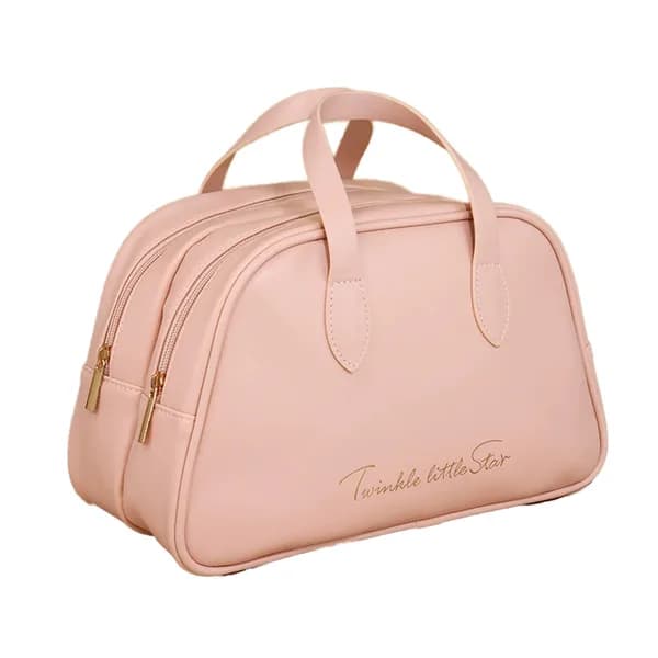 Main product photo: Double-Zip PU Leather Makeup Bag with Handles, Pink for organizer bags, storage pouches, and travel bags from Sesoris