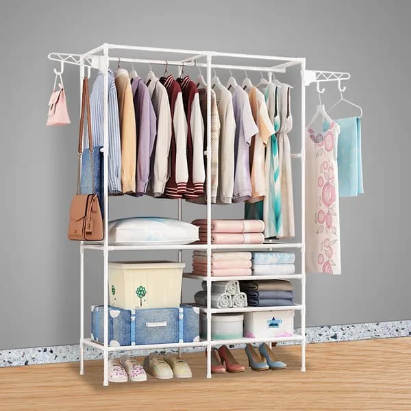 Main product photo: Freestanding Garment Rack with Shelves and Side Hooks, White for home organizers and home decor from Sesoris
