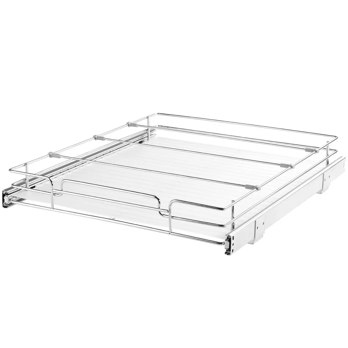 Chrome wire pull-out cabinet organizer with slide rails and a white liner, shown empty on a white background