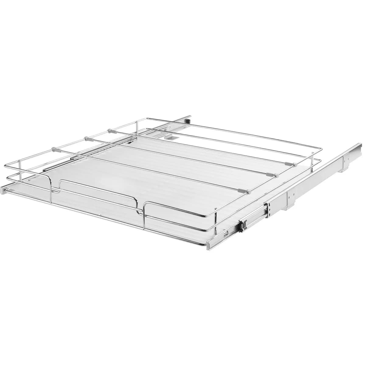 Chrome pull-out cabinet organizer fully extended on its slide rails, shown empty on a white background