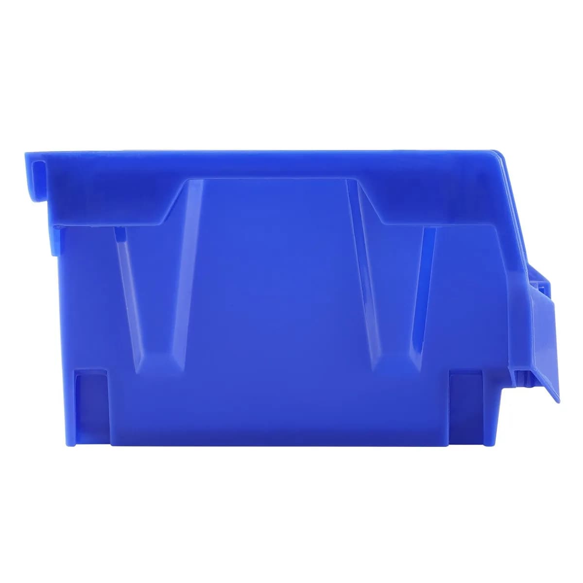 Side view of a single blue open-front storage bin