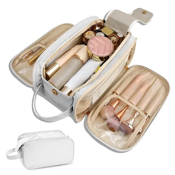 Main product photo: Three-Section PU Leather Toiletry Bag, White for organizer bags, storage pouches, and travel bags from Sesoris