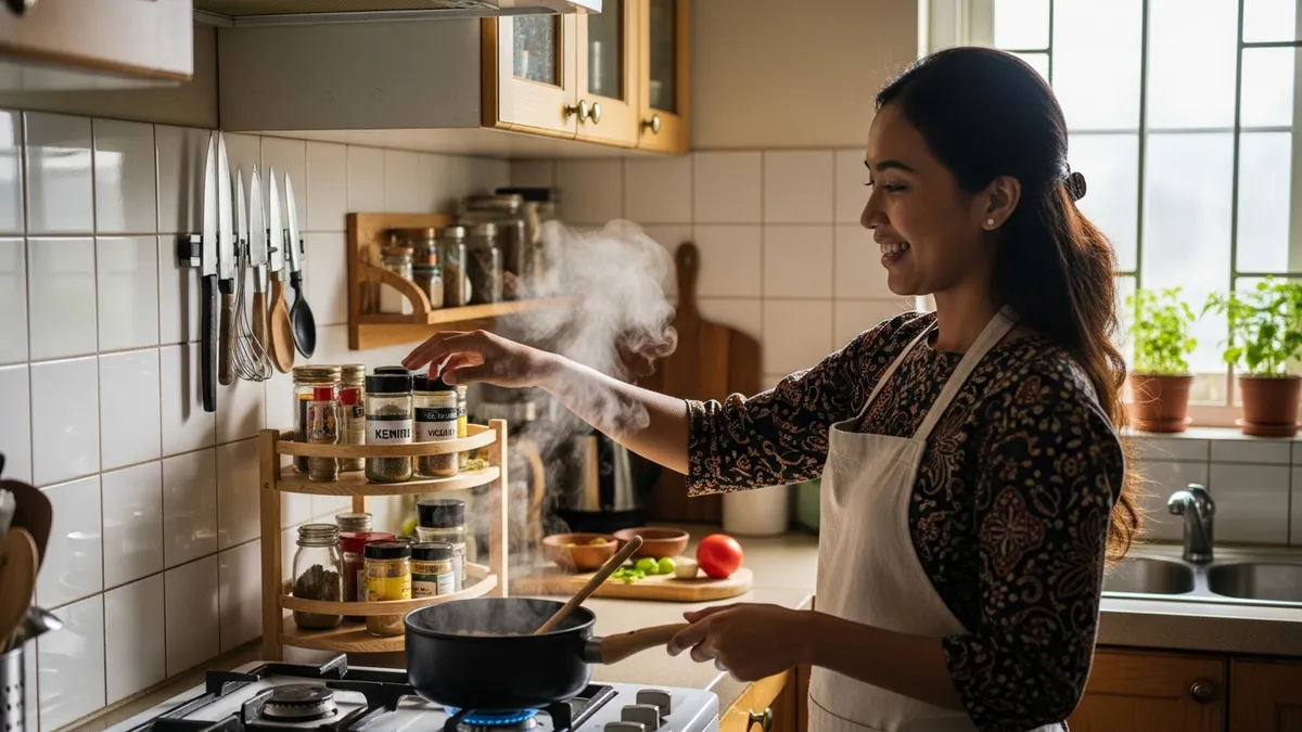 Indonesian woman cooking and using 3 tier spice rack to easily access spices while preparing food