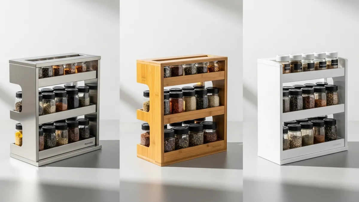 Three types of 3 tier spice rack materials: stainless steel, bamboo, and plastic displayed side by side