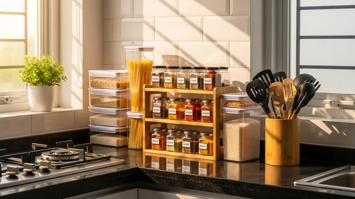 3 tier spice rack placed beside stove in a neat and organized Indonesian kitchen setting