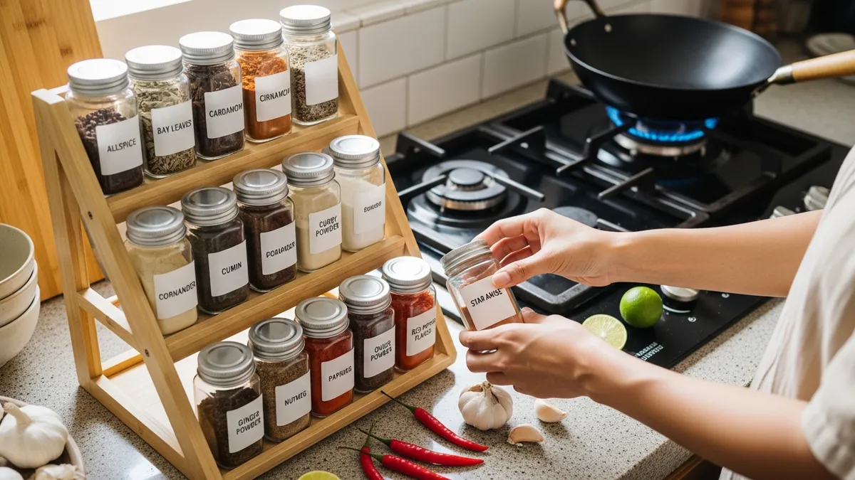 Overhead view of organized 3 tier spice rack with labeled spice jars arranged alphabetically in kitchen