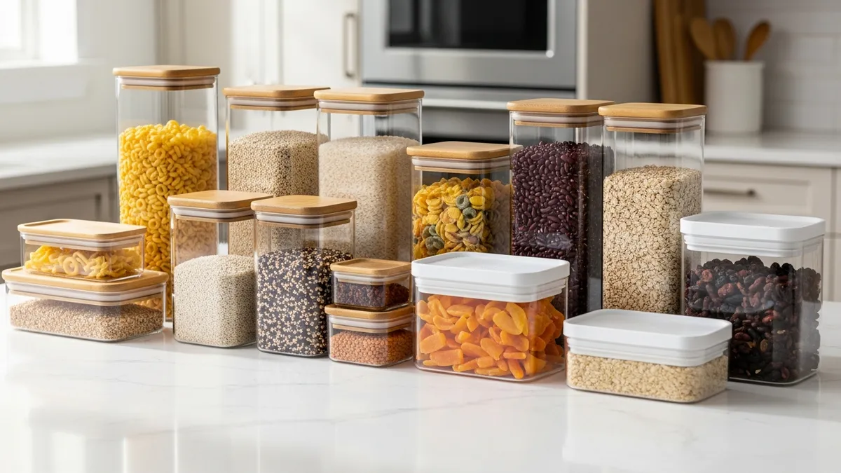 Modern air tight food storage containers organized on kitchen counter with various dry goods and cereals