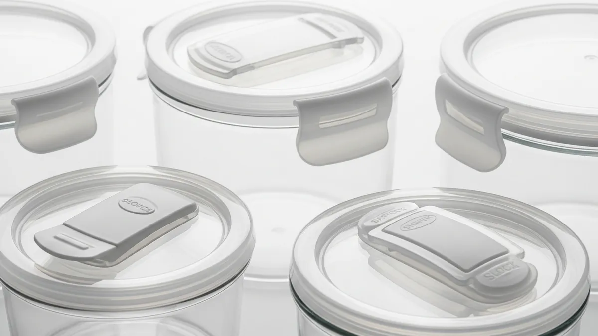 Different types of air tight food storage container lids and locking mechanisms close-up comparison