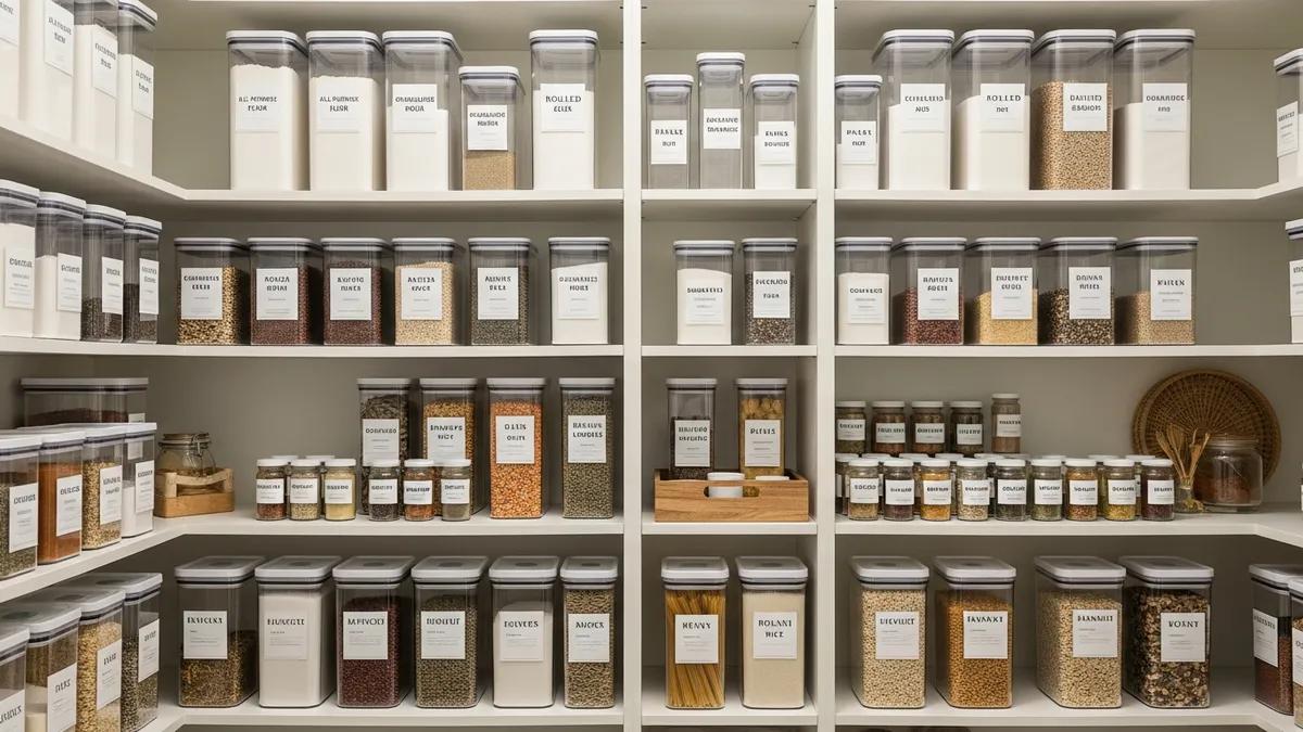 Organized pantry with matching airtight food storage containers neatly stacked and labeled