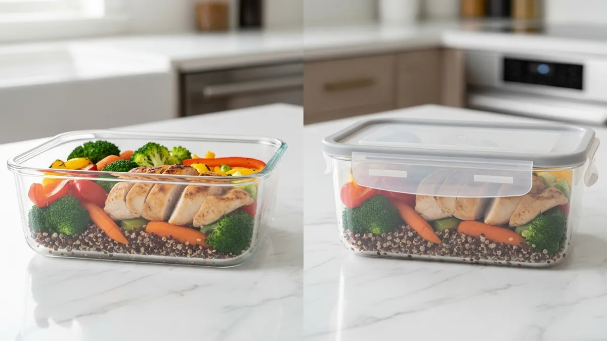 Glass vs plastic air tight food storage containers side by side comparison on kitchen counter