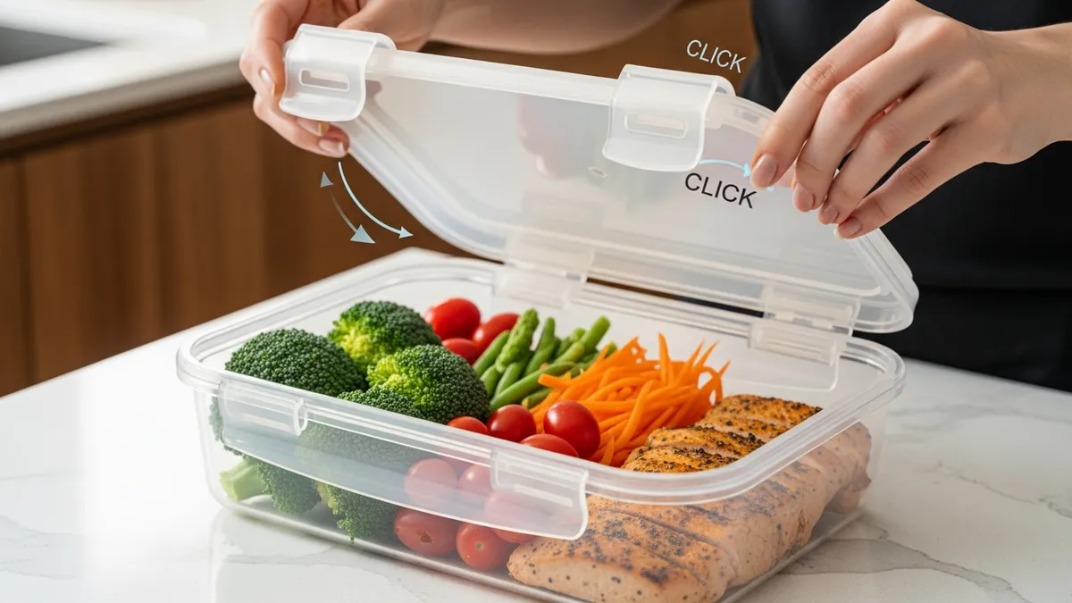 Person opening airtight food storage container with secure click-lock lid filled with fresh vegetables