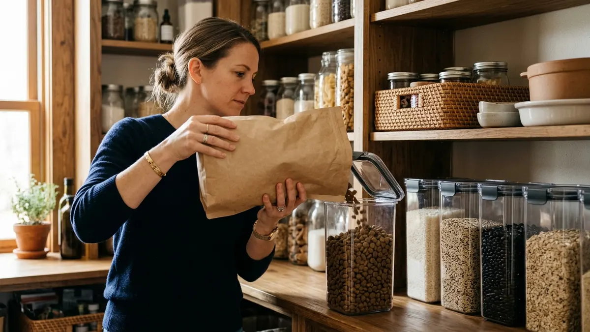 Person filling a large airtight food storage container with dry dog kibble in an organized pantry setting