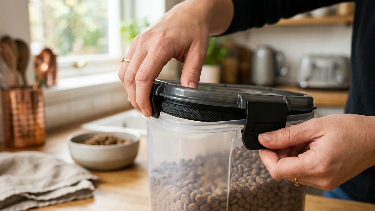 Close-up of rubber gasket seal and locking latch on an airtight pet food storage container lid