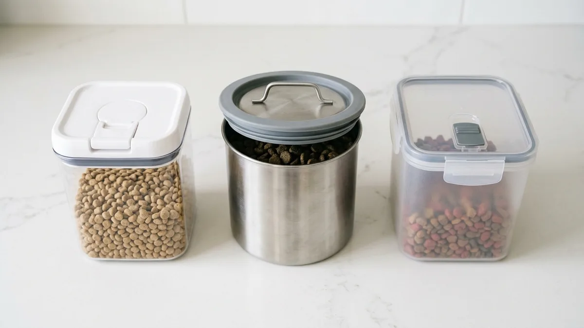 Three different airtight pet food storage container materials side by side including clear plastic canister, stainless steel container, and food-grade plastic bin with latch lid