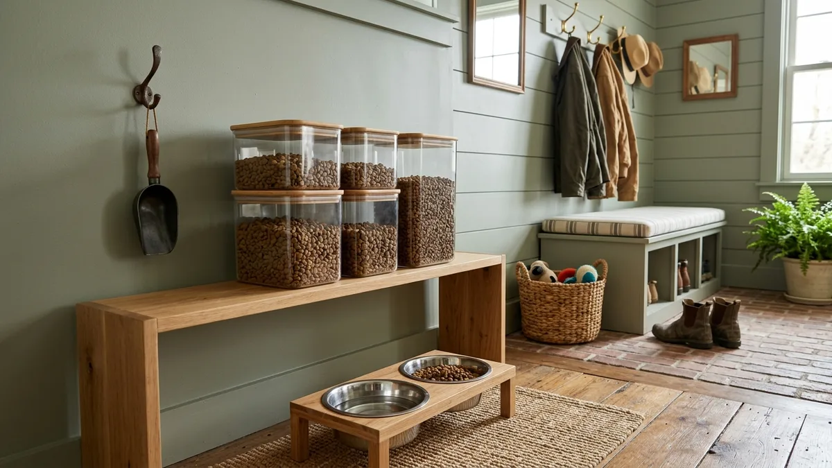 Organized pet feeding station with labeled airtight food storage containers stacked on a wooden shelf next to stainless steel pet bowls