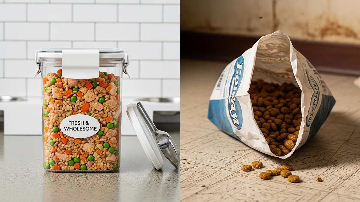 Comparison showing benefits of airtight pet food storage containers for maintaining freshness