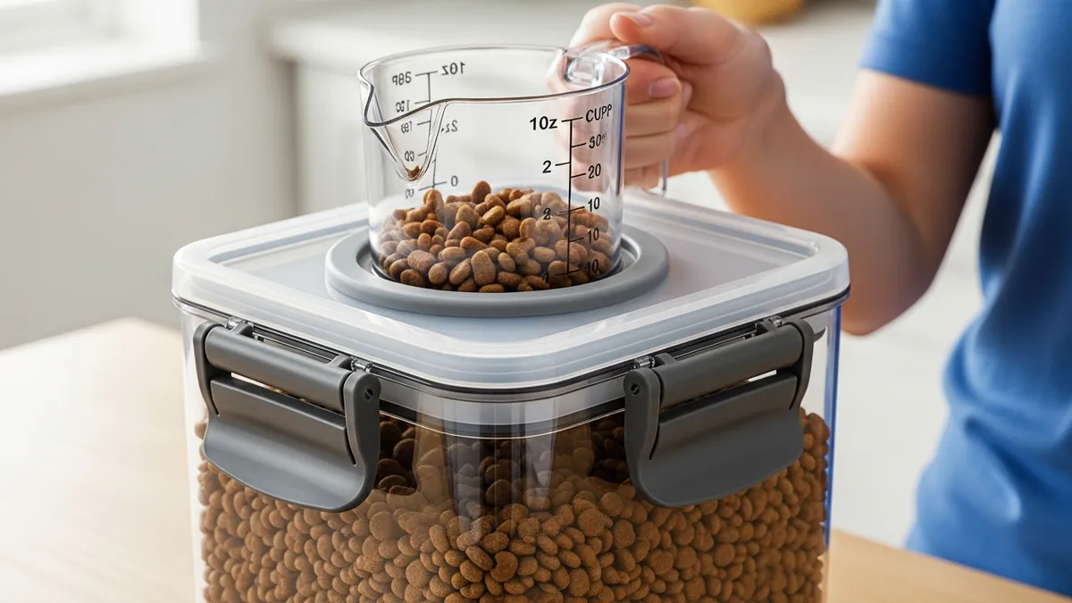 Key features of airtight pet food storage containers including secure locks and measuring tools