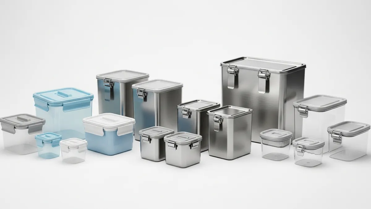 Various types of airtight pet food storage containers made from different materials