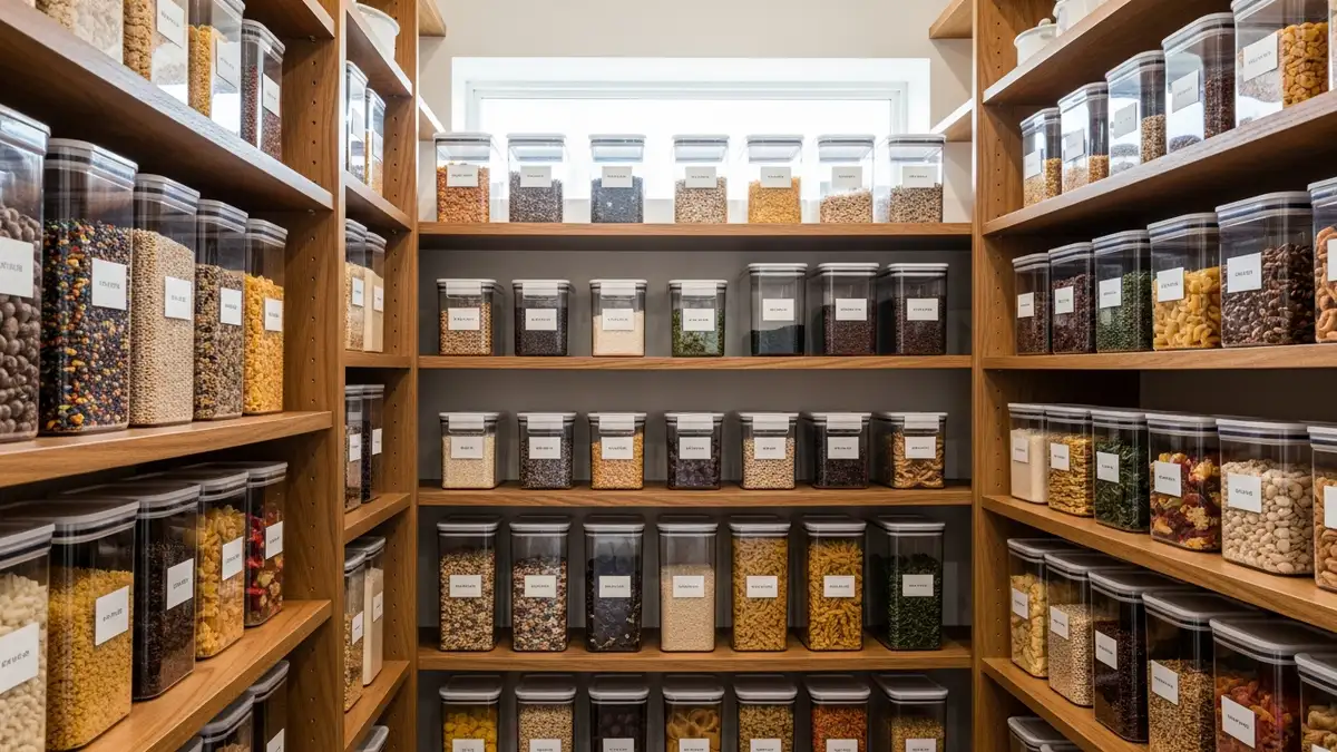 Airtight storage containers for food organized in modern kitchen pantry