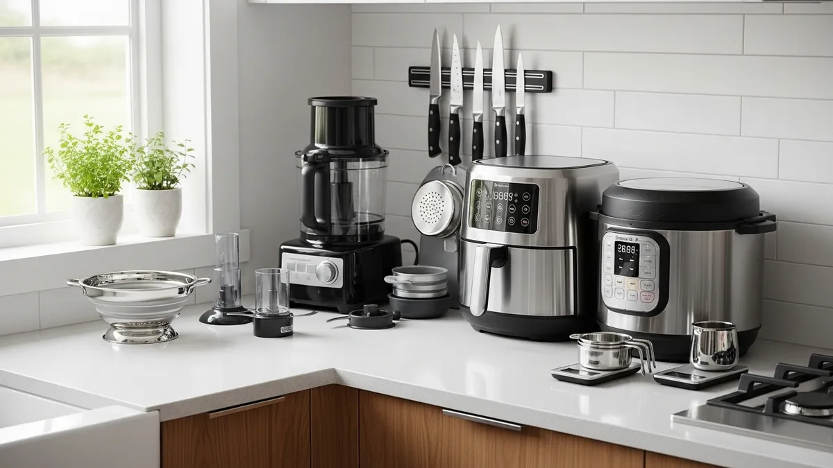 Essential multi-functional kitchen tools arranged on modern countertop