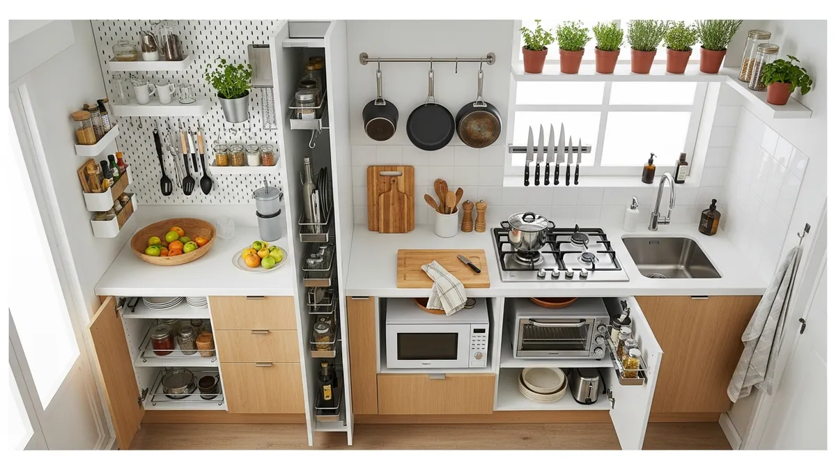 Space-saving kitchen organization with multi-functional tools