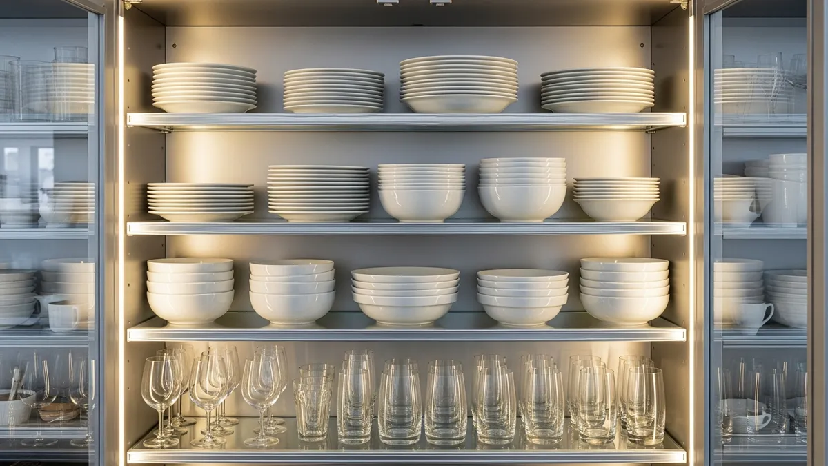Interior organization of aluminum dish cabinet with adjustable shelves and organized dinnerware