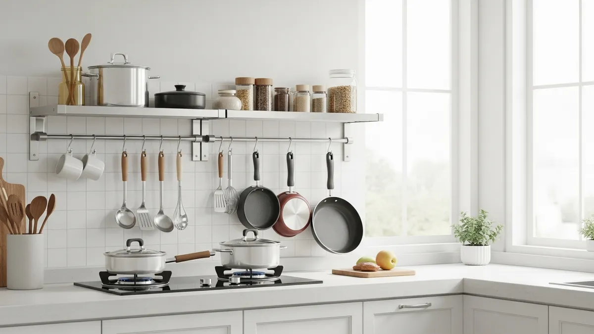 Aluminum kitchen rack mounted on wall in a modern minimalist Indonesian kitchen