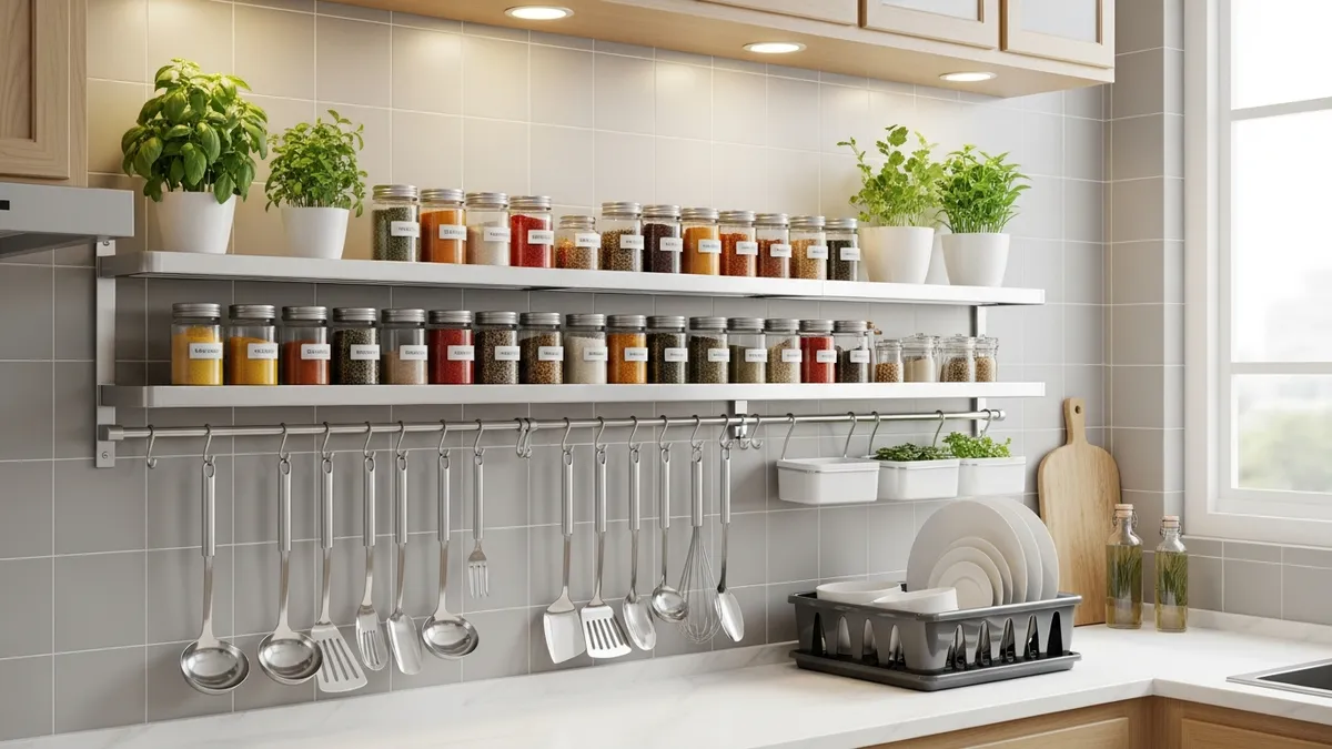 Organized aluminum kitchen rack with spices, cooking utensils, and herbs in Indonesian home kitchen