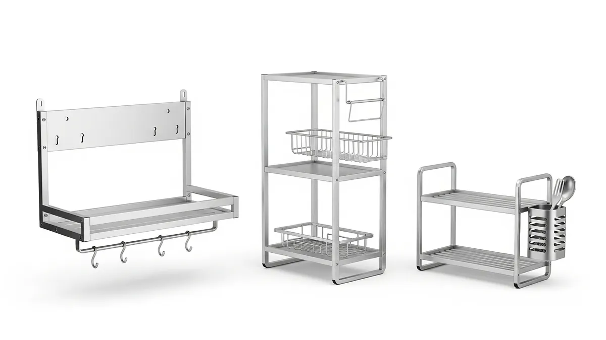 Three types of aluminum kitchen racks including wall-mounted, freestanding, and countertop options