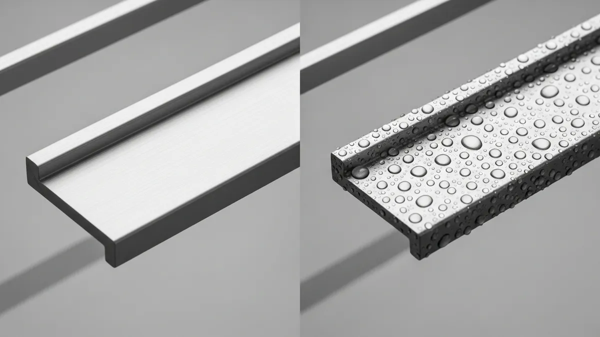 Close-up of rust-resistant aluminum kitchen rack surface with water droplets