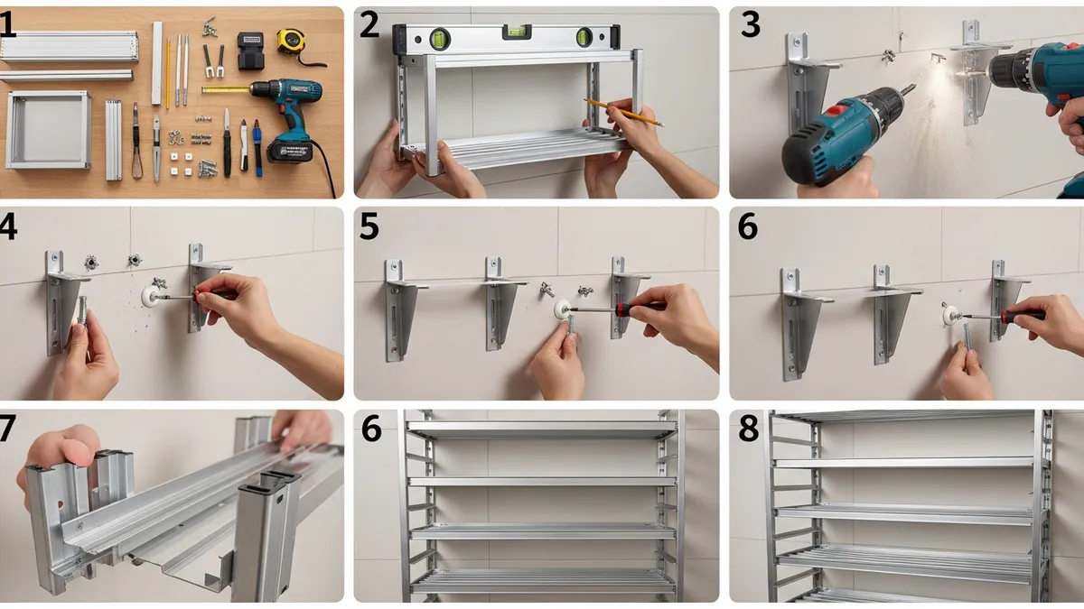 Step-by-step installation guide for aluminum kitchen rack with mounting hardware