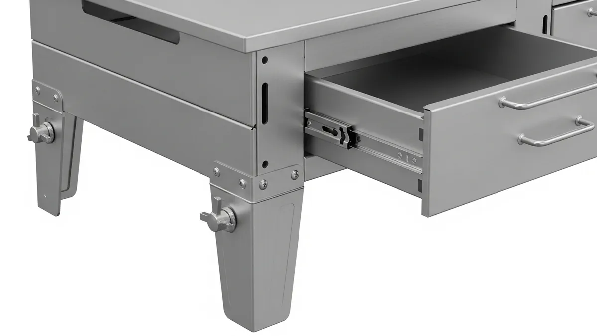 Detailed view of aluminum stove table construction and quality features