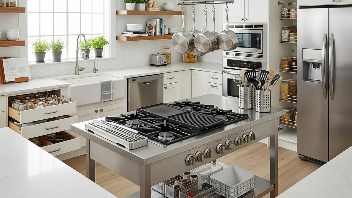 Well-organized kitchen featuring aluminum stove table and storage solutions