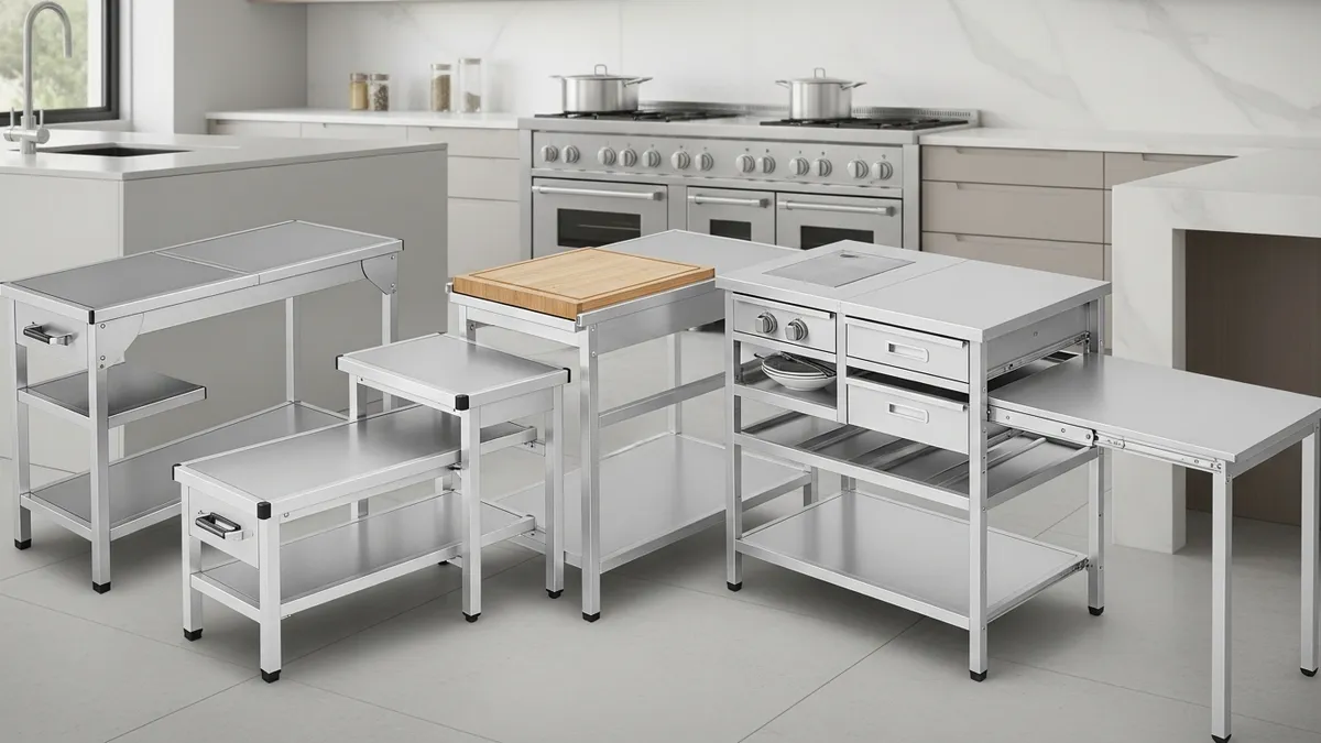 Different types of aluminum stove tables with various storage options
