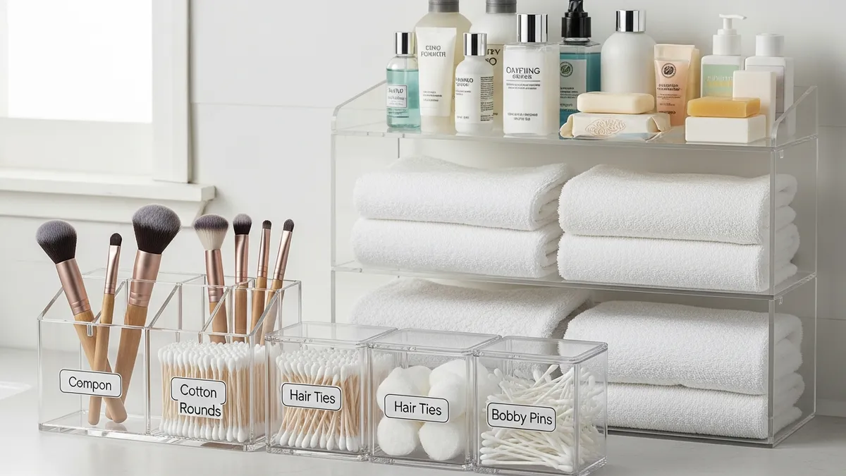 Bathroom closet organization systems with clear containers and labeled storage solutions