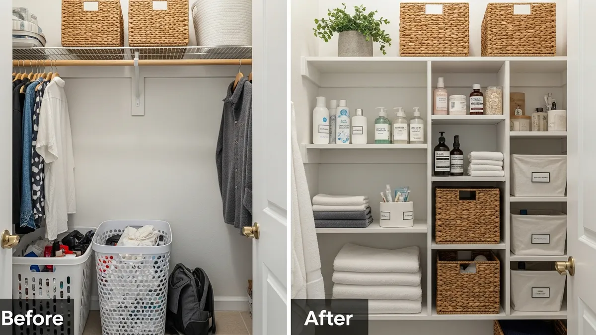 Before and after bathroom closet organization transformation showing organized storage solutions