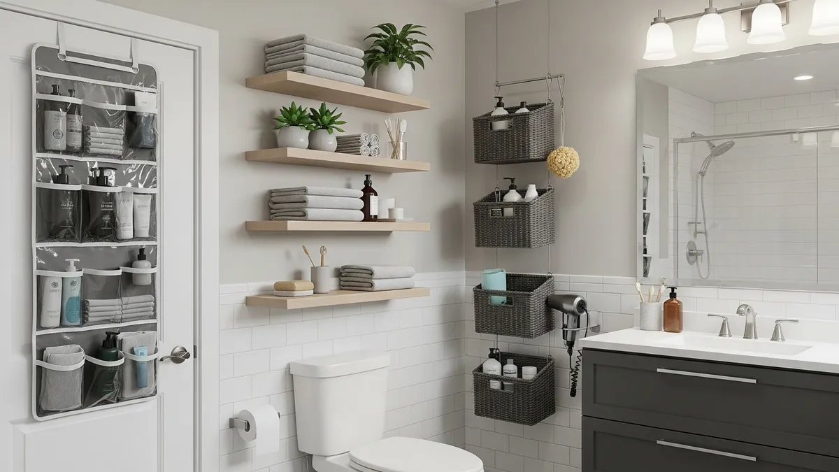 Vertical bathroom closet storage ideas with door organizers and wall-mounted shelving solutions