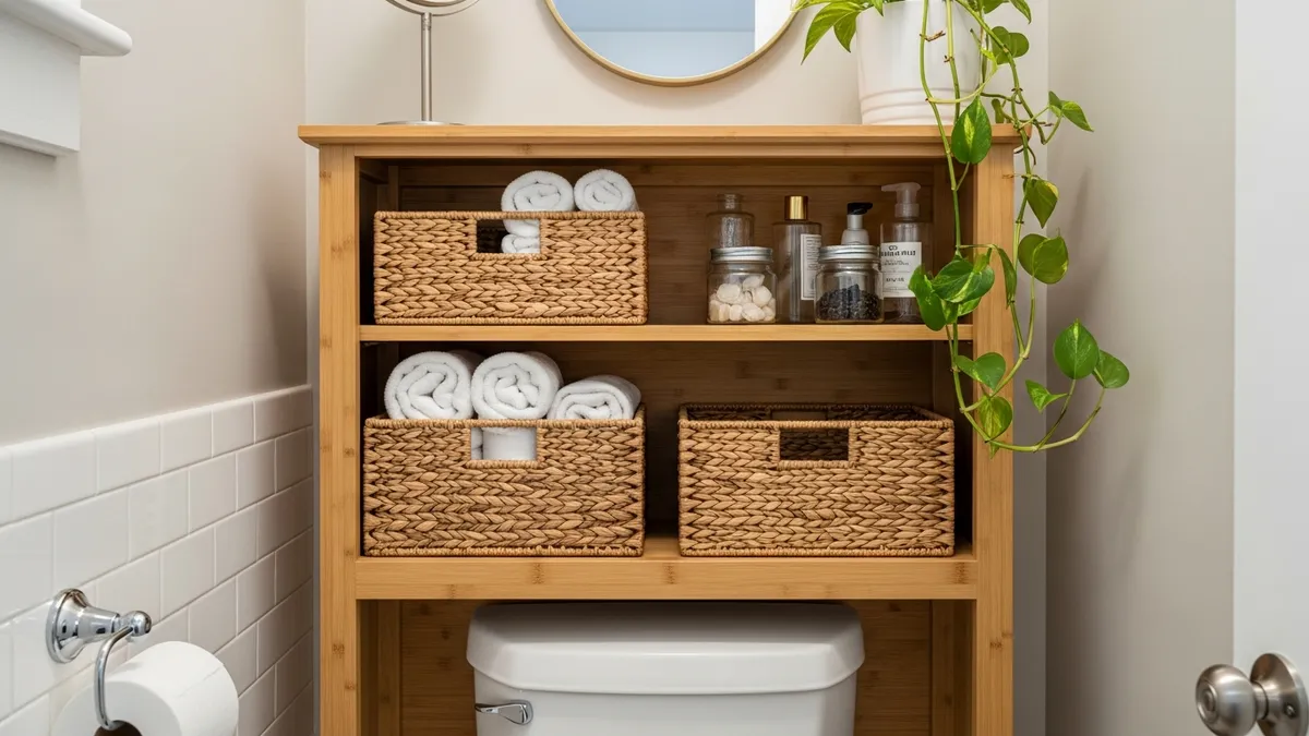 Over-toilet bathroom storage cabinet with wicker baskets and rolled towels for small bathroom organization