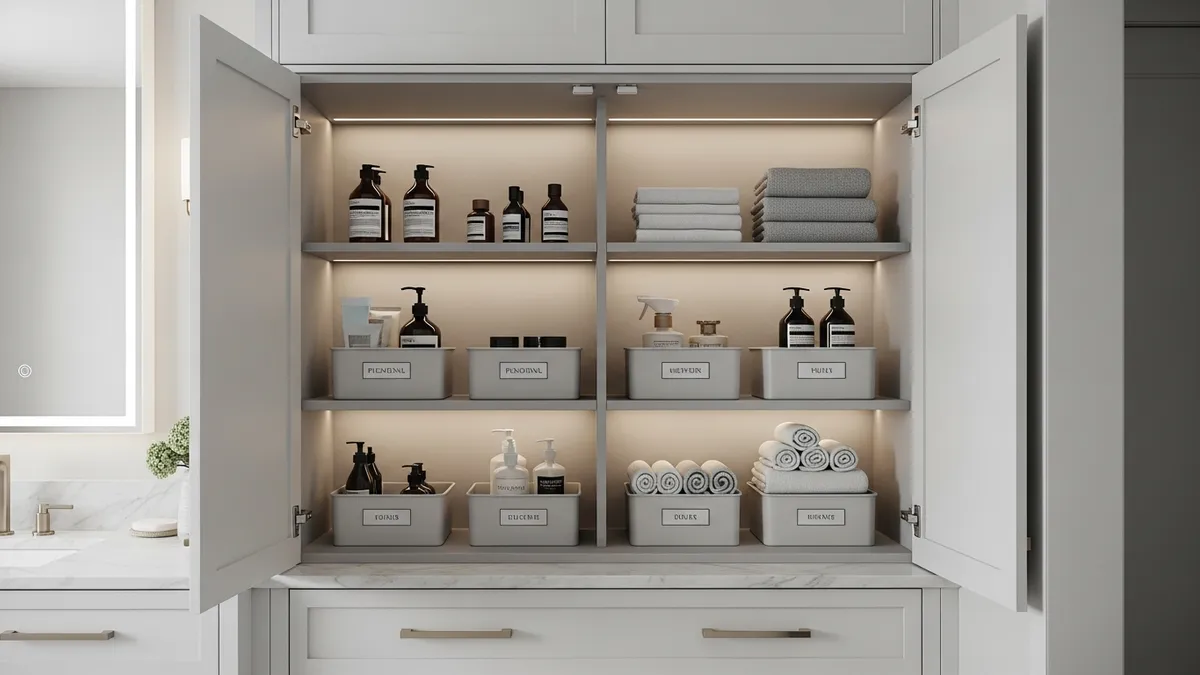 Built-in bathroom vanity cabinet with organized shelves and labeled storage bins for bathroom essentials
