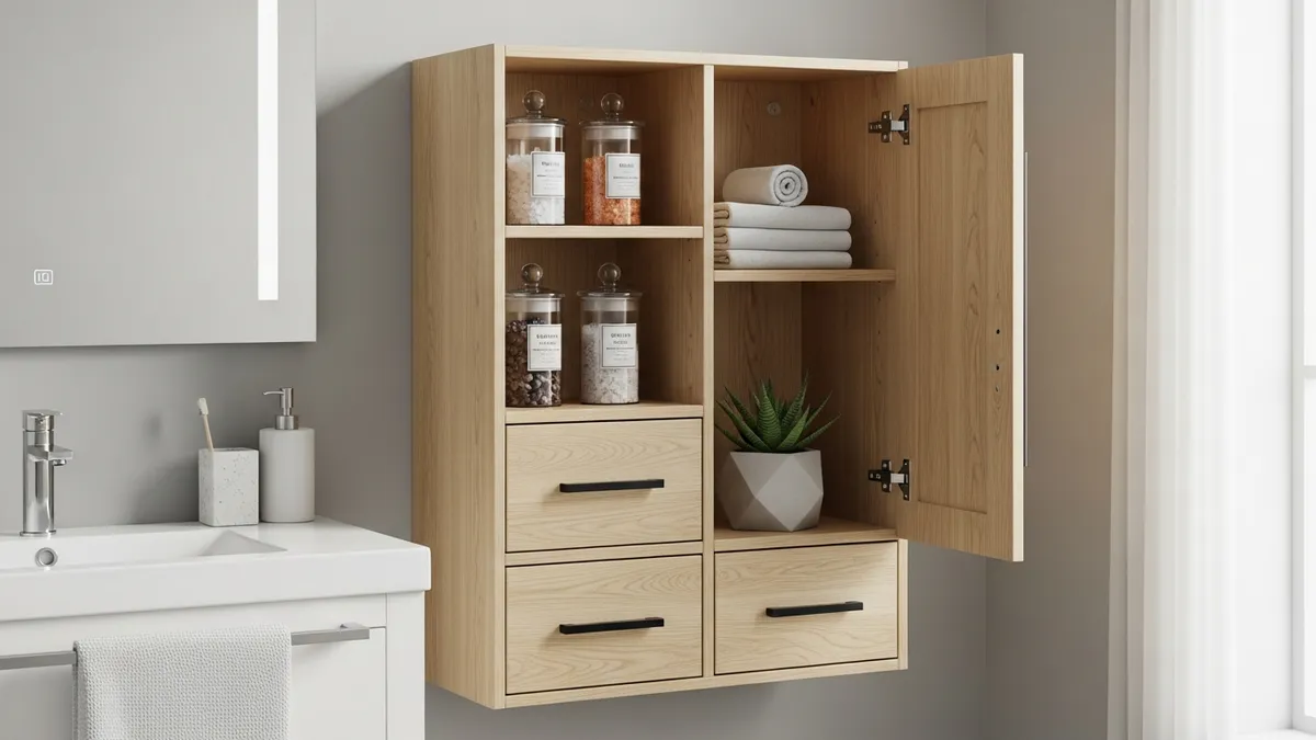 Floating wall-mounted bathroom storage cabinet with open shelves displaying jars and hand towels