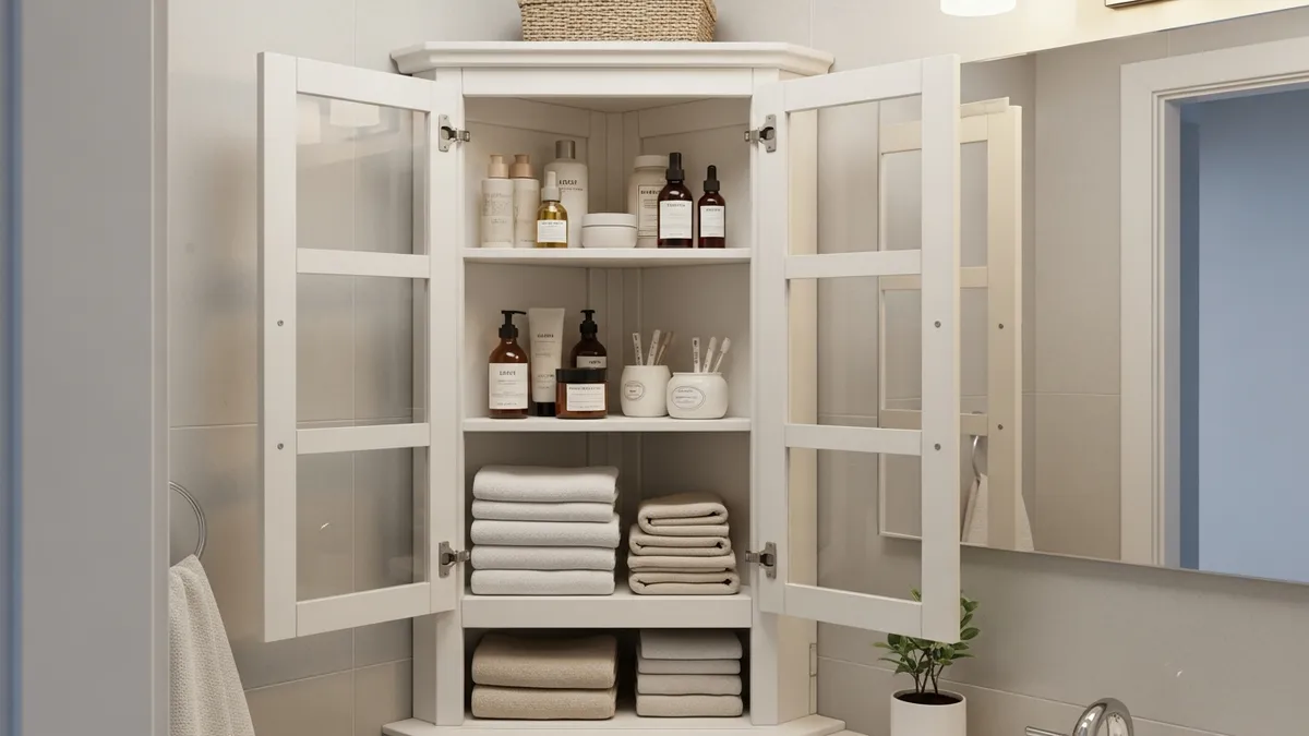 Corner bathroom storage cabinet with glass panel doors showcasing neatly organized towels and skincare products