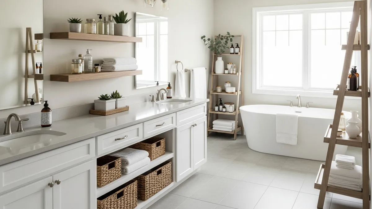 Organized modern bathroom with floating shelves and wicker baskets showing smart bathroom storage ideas