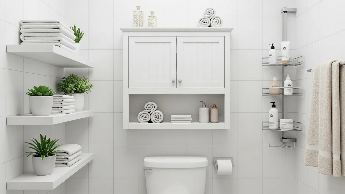 Over-the-toilet storage unit and floating shelves in a small bathroom