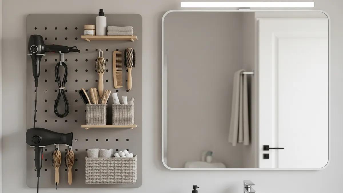 Bathroom wall pegboard organizer holding hairdryer brushes and baskets for creative bathroom storage