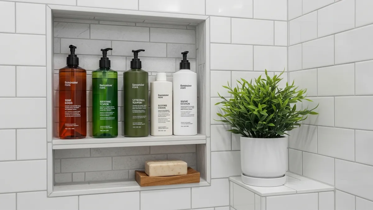 Built-in recessed shower niche shelving for bathroom storage ideas in a tiled shower wall